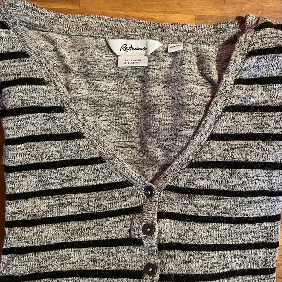 Reitmans top grey with black stripes. Stretchy fabric button down v neck sweater - Picture 5 of 10